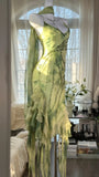 Green Romantic Elegant Exquisite Beaded Backless Long Chiffon Ruffle Homecoming Dress Prom Dress Evening Dress Birthday Vacation Party Dress HZ1023