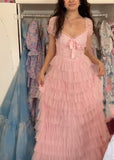 Pink/Green/Blue Delicate Lace Sweet Elegant Cute Long Layered Tulle Chiffon Ball Gown Evening Dress Garden Party Dress Prom Dress HZ1023