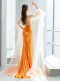 Orange Gorgeous Shiny Elegant Long Sleeve Tulle Long Sequin Mermaid Slim Ball Gown Evening Dress Party Dress HZ1023