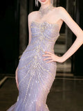 Blue gorgeous shiny beautiful off-shoulder exquisite beading long tulle mermaid slim fishtail skirt ball gown formal evening gown wedding dress HZ1023