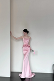 Pink Fashion Elegant Exquisite Floral Long Satin Corset Mermaid Slim Floor Length Train Ball Gown Evening Dress Party Dress Prom Dress HZ1023