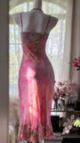 Pink gorgeous gradient exquisite beaded lace long chiffon fairy ball gown evening dress wedding party dress prom dress graduation date dress HZ1023