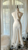 White Elegant Romantic Exquisite Black Lace Beaded Long Chiffon Ball Gown Evening Dress Party Dress Prom Dress Valentine's Day Date Dress HZ1023