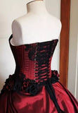 Burgundy Vintage Delicate Floral Applique Long Satin Tulle Ball Gown Evening Dress HZ1023