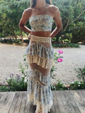 Blue floral lace ruffle long two piece suit evening gown party dress HZ1023
