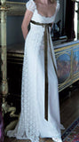 White vintage elegant fashion exquisite lace green ribbon long satin floor length small tail prom dress evening dress party dress prom dress wedding dress wedding guest dress bridesmaid dress HZ1023