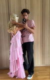 Pink suspenders fashion sweet A-line backless long chiffon tiered ball gown evening dress party dress HZ1023