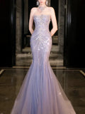 Blue gorgeous shiny beautiful off-shoulder exquisite beading long tulle mermaid slim fishtail skirt ball gown formal evening gown wedding dress HZ1023