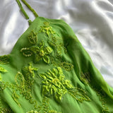 Green shiny fashion exquisite floral beading spaghetti straps long chiffon ruffles long ball gown evening dress party dress HZ1023
