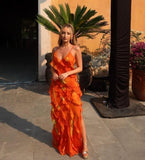 Orange Spaghetti Strap Sexy Ruffle Hem Mermaid Long Party Dress Wedding Guest Dress Ball Gown Irregular Bodycon Evening Dress HZ1023