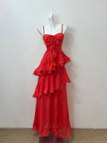 Red Shiny Elegant Fashion Spaghetti Strap Long Chiffon Ruffle Ball Gown Evening Gown Party Dress Prom Gown HZ1023