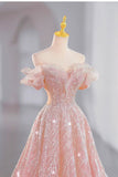 Pink gorgeous shiny dreamy elegant fashion exquisite beaded long floor-length trailing tulle ball gown evening dress HZ1023