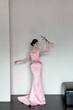 Pink Fashion Elegant Exquisite Floral Long Satin Corset Mermaid Slim Floor Length Train Ball Gown Evening Dress Party Dress Prom Dress HZ1023