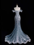 ???Silver Blue Luxurious Heavy Industry Sparkling Gorgeous Elegant Exquisite Beading Stunning Long Mermaid Dress Sequin Floor Length Trailing Prom Dress Evening Dress Wedding Dress HZ1023