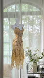 Light yellow brown gorgeous and elegant vintage exquisite beaded long chiffon lace ball dress evening dress birthday party dress prom dress HZ1023