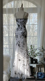 White Elegant Romantic Exquisite Black flowers Long Chiffon Ball Gown Evening Dress Birthday/Wedding Guest/Vacation Party Dress Prom Dress HZ1023