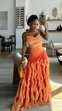 Pink/Orange/Green Gradient Spaghetti Straps Fashion Elegant Long Ruffle Chiffon Ball Gown Evening Dress Party Dress HZ1023