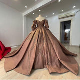 Brown Shiny Elegant Beaded Sweetheart Neck Short Sleeve Long Satin Floor Length Ball Gown Evening Dress HZ1023
