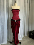 Burgundy Retro Fashion Delicate Lace Long Satin Formal Prom Dress Evening Gown HZ1023