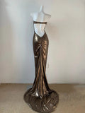 Gold Cyberpunk Wasteland Dress Metallic Simple Fashion Elegant Long Satin Floor-Length Train Backless Sexy Mermaid Slim Ball Gown Evening Gown Prom Dress Birthday Party Dress HZ1023