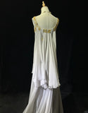 White Vintage Ancient Greek Goddess Gorgeous Sparkling Elegant Exquisite Gold Rhinestone Beads Tulle Long Mermaid Floor Length Trail Slim Fairy Ball Gown Evening Gown Party Dress Prom Gown HZ1023