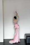 Pink Fashion Elegant Exquisite Floral Long Satin Corset Mermaid Slim Floor Length Train Ball Gown Evening Dress Party Dress Prom Dress HZ1023