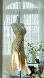 Yellow Elegant Romantic Delicate Pink Floral Beading Spaghetti Straps Midi/Short Chiffon Homecoming Ball Gown Evening Dress Birthday/Wedding Guest/Holiday Party Dress Prom Dress HZ1023