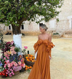 Yellow Brown Elegant Solid Color Fashion Off Shoulder Chic Ruffle Long Evening Dress Party Dress Wedding Guest Dress HZ1023