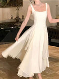 White solid color fashion elegant A-line square neck ball gown ankle length long chiffon evening gown party dress gh2737 HZ1023
