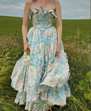 Blue Floral Elegant Delicate Ruffle Long Chiffon Homecoming Dress Prom Dress Evening Dress Wedding Guest Dress Birthday//garden Party Dress Prom Dress HZ1023