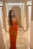 Orange Fashion Elegant Spaghetti Strap Long Ruffle Chiffon Ball Gown Evening Dress Party Dress Wedding Guest Dress HZ1023