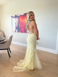 Yellow Fashion Elegant Delicate Floral Embroidery Applique Long Lace Mermaid Slim Ball Gown Evening Gown Party Dress HZ1023