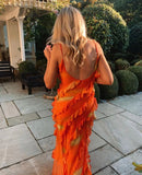 Orange Spaghetti Strap Sexy Ruffle Hem Mermaid Long Party Dress Wedding Guest Dress Ball Gown Irregular Bodycon Evening Dress HZ1023