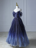 Blue beautiful gradient shiny beads spaghetti strap tulle long ball gown evening dress HZ1023