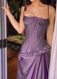 Purple vintage fashion spaghetti strap long satin prom dress, evening dress, party dress HZ1023