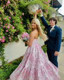 Pink Sweet Heart Neck Beautiful Floral Long Satin Ball Gown Evening Dress Party Dress HZ1023