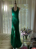 Green Gorgeous Shiny Fashion Elegant Delicate Lace Beading Long Satin Chiffon Fairy Ball Gown Evening Dress Birthday/Wedding Guest/Holiday Party Dress Prom Dress Valentine's Day Date Dress HZ1023