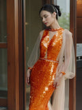 Orange Gorgeous Shiny Elegant Long Sleeve Tulle Long Sequin Mermaid Slim Ball Gown Evening Dress Party Dress HZ1023