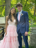 Pink sweet fashion V-neck elegant long tulle floor-length trailing ball gown evening dress prom dress HZ1023