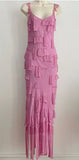 Pink Shiny Flowing Long Elegant Spaghetti Strap Chiffon Ball Gown Evening Dress Party Dress HZ1023