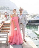 Pink Fashion Long Ruffle Neck Chiffon Formal Prom Dress Evening Dress Wedding Guest Dress HZ1023