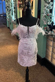 Blue/purple/black/red/white shiny elegant delicate floral beaded lace off-shoulder feather short mini homecoming dress evening gown party dress HZ1023