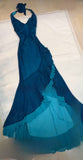Blue fashion floral suspender long elegant chiffon ruffled ball gown evening dress party dress HZ1023