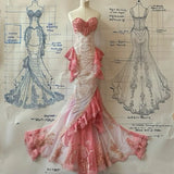 Pink Gorgeous Shiny Exquisite Lace Gold Silk Embroidery Long Tulle Mermaid Slim Fit Fishtail Skirt Ball Gown Fashion Evening Dress Party Dress Prom Dress HZ1023