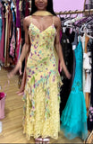 Yellow fashion elegant exquisite beaded spaghetti strap tulle long ruffled lace ball gown evening dress party dress prom dress HZ1023