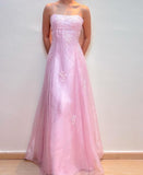 Pink Fashion Elegant Exquisite Beaded Spaghetti Straps Long Tulle Satin Prom Dress Evening Dress Party Dress Graduation Dress HZ1023