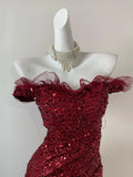 Burgundy gorgeous shiny Fashion Elegant Long Sequined Tulle Neckline Floor Length Train Sexy Ball Gown Evening Dress Prom Dress HZ1023
