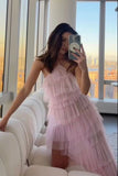 Pink Sweet Backless Long Tulle Ball Gown Evening Dress Party Dress HZ1023