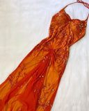 Orange Gorgeous Exquisite Beaded Spaghetti Strap Halter Neck Long Elegant Tulle Mermaid Slim Fit Ball Gown Evening Gown Party Dress HZ1023
