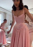 Pink retro elegant sweetheart neckline A-line spaghetti strap satin long evening dress birthday party dress bridesmaid dress HZ1023